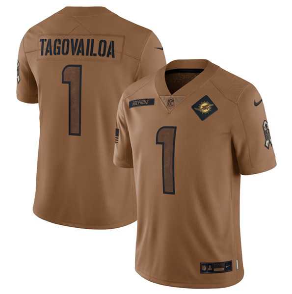 Men%27s Miami Dolphins #1 Tua Tagovailoa 2023 Brown Salute To Service Limited Football Stitched Jersey Dyin->los angeles rams->NFL Jersey